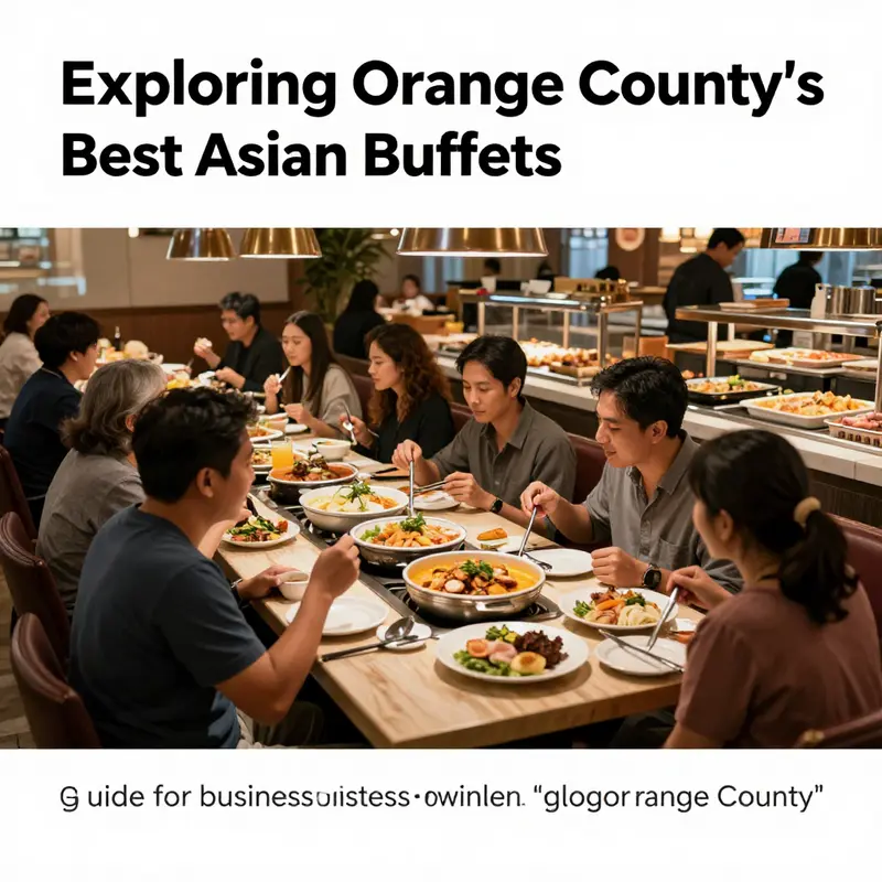 A lively scene inside an Asian buffet restaurant in Orange County, where diners are enjoying a variety of Asian dishes.