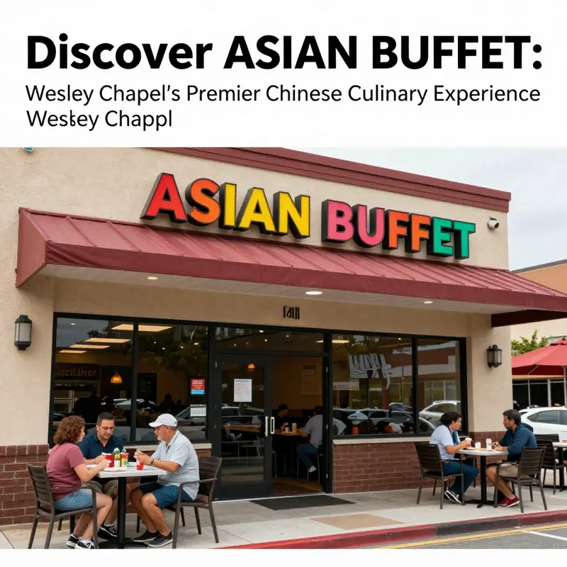 An exterior shot of ASIAN BUFFET showcasing a clean and welcoming entrance with colorful signage.