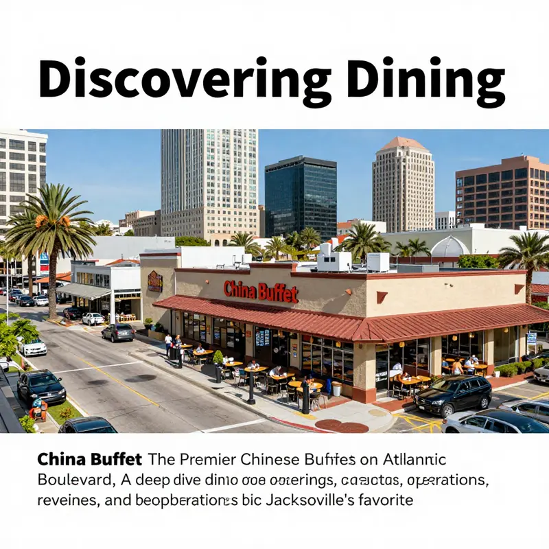 A bustling scene of Atlantic Boulevard in Jacksonville, showcasing the exterior of China Buffet among various restaurants.