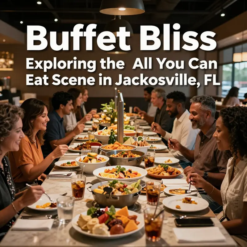 A colorful buffet spread with diverse dishes attracting diners in a lively Jacksonville restaurant.