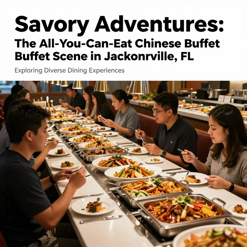 Diners at a vibrant all-you-can-eat Chinese buffet in Jacksonville, displaying a variety of colorful dishes in a busy restaurant environment.
