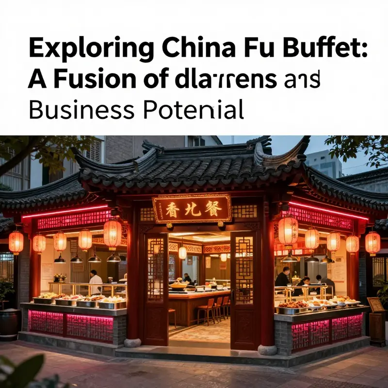 The beautifully designed exterior of a buffet restaurant, featuring neon signs and Chinese architectural elements, creating an inviting atmosphere.