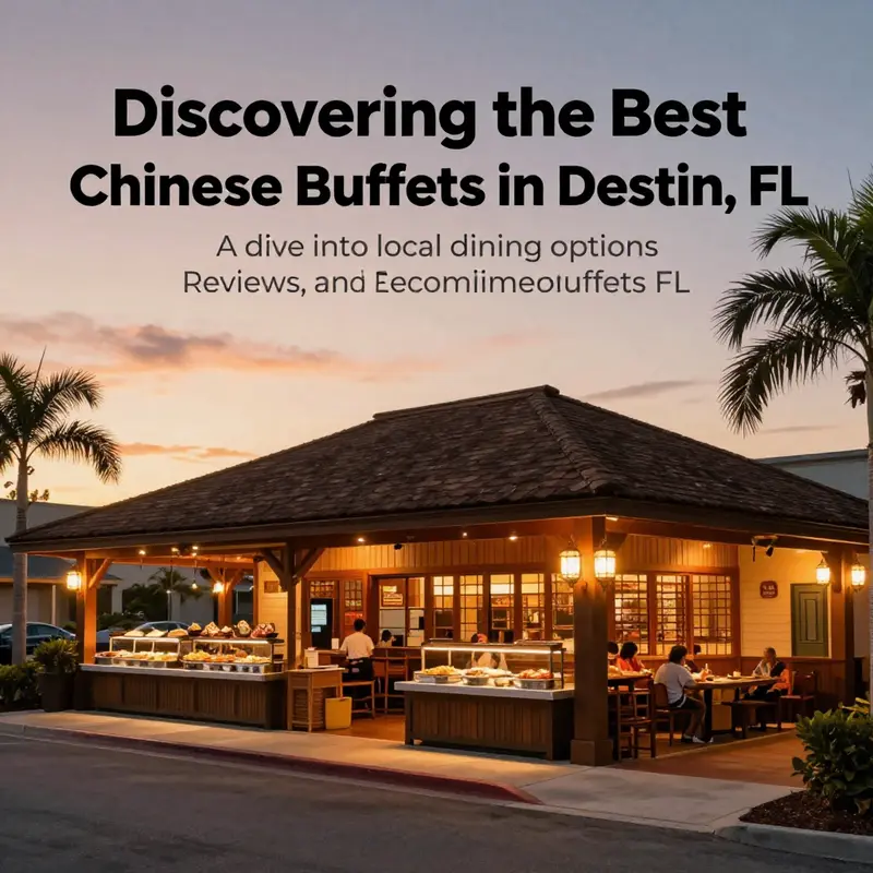 Exterior view of a Chinese buffet restaurant in Destin, FL, showcasing the entrance against a sunset backdrop.
