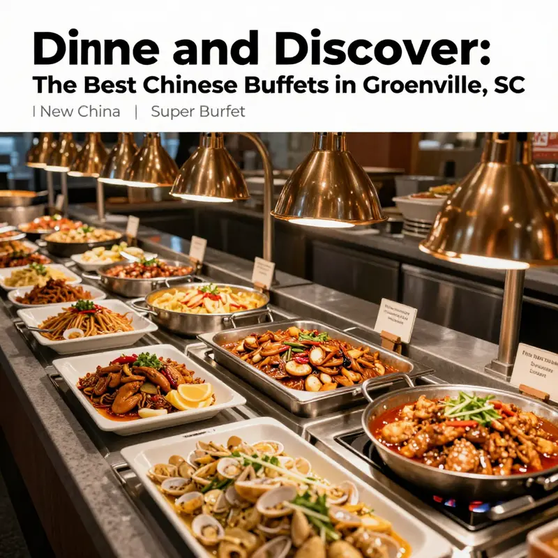 A composite image representing top Chinese buffets in Greenville, SC, featuring a variety of dishes.