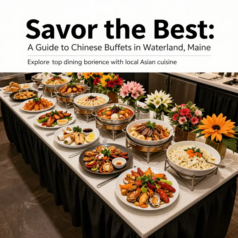 Overhead view of a Chinese buffet table with an assortment of vibrant dishes.