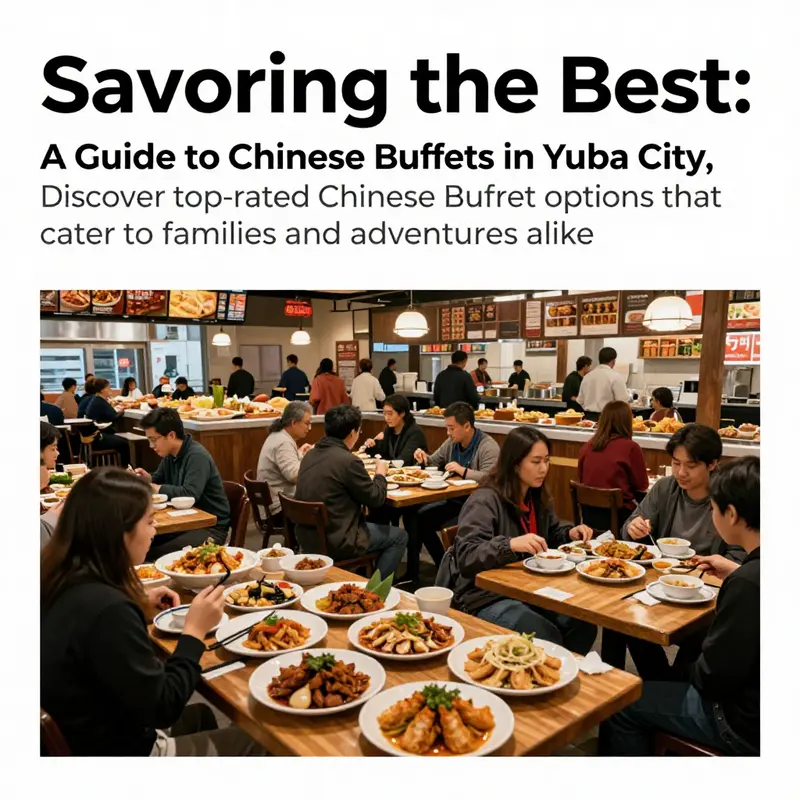 A vibrant scene depicting various Chinese buffets in Yuba City filled with diners enjoying their meals.