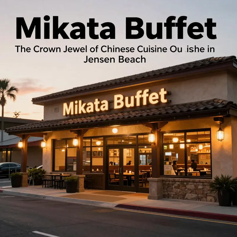 Exterior view of Mikata Buffet with warm lighting, inviting ambiance during sunset.