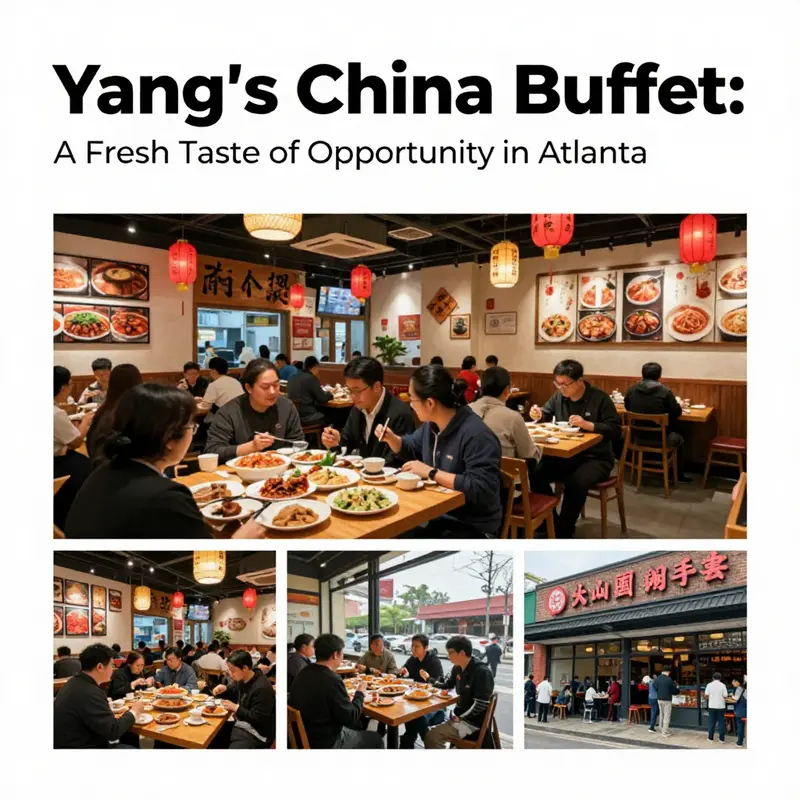A collage image representing the inviting atmosphere of Yang's China Buffet, blending exterior and interior views.