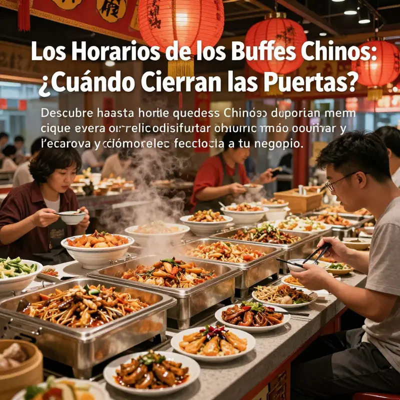 Mesa de buffet china llena de platos típicos en un ambiente festivo.