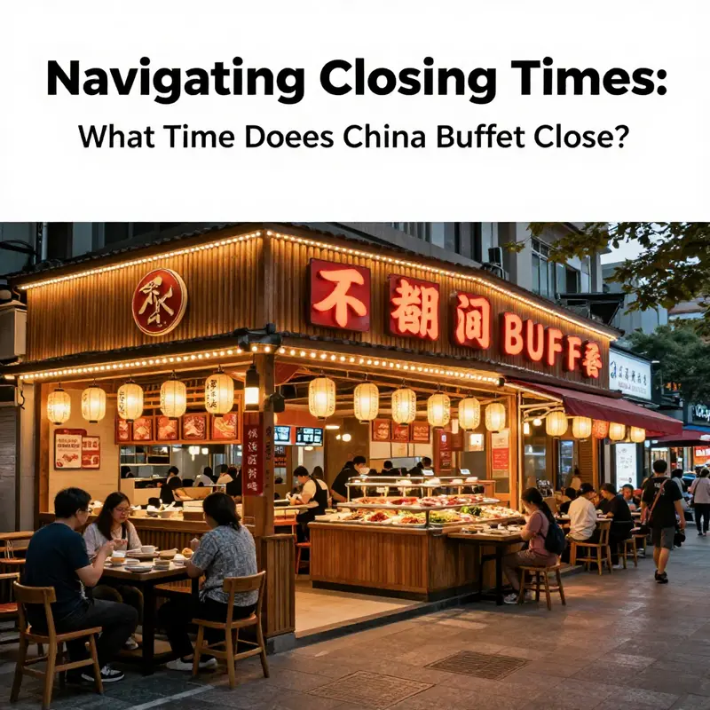 China Buffet’s closing hours displayed prominently outside a bustling restaurant, indicating its timing for potential diners.