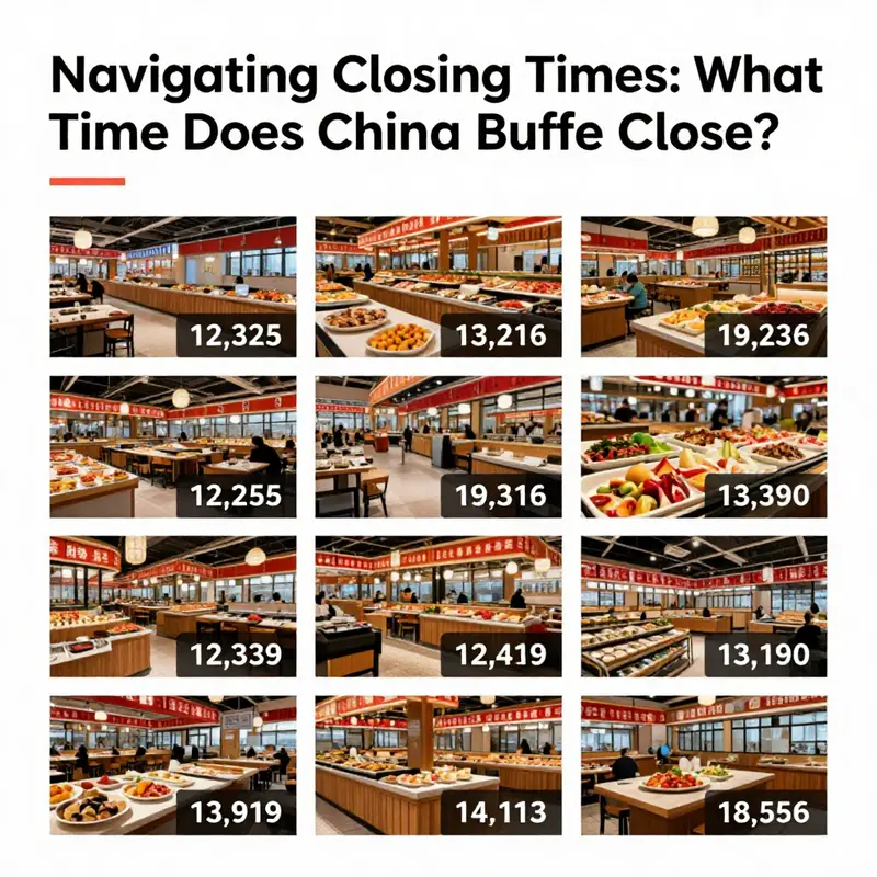 A collage showing various China Buffet restaurants with their respective closing times for clarity.