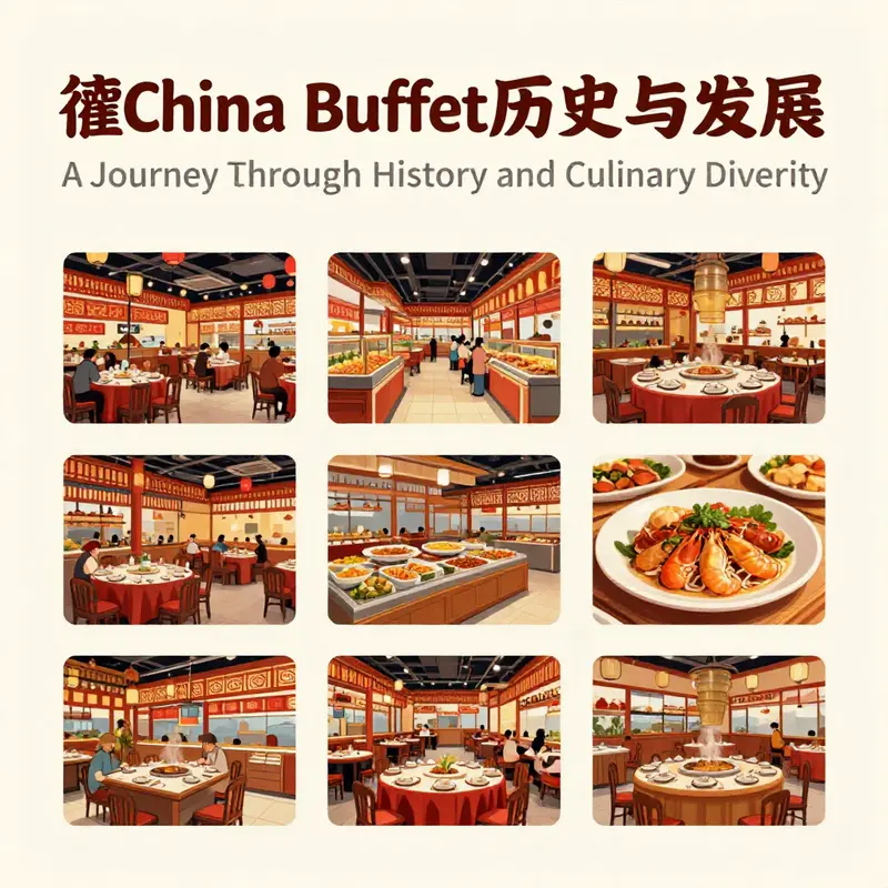 Depiction of the evolution of dining styles from traditional Chinese restaurants to modern buffet settings.