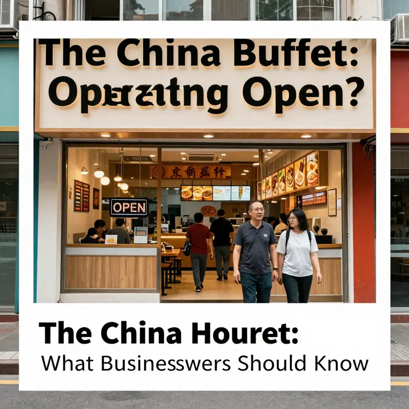 The China Buffet welcomes diners with its inviting exterior and open sign, showcasing its hours.