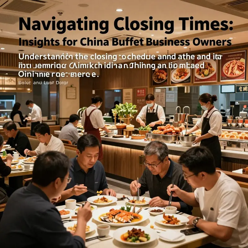 An interior view of a China Buffet restaurant at closing time, featuring satisfied patrons and staff preparing for closure.