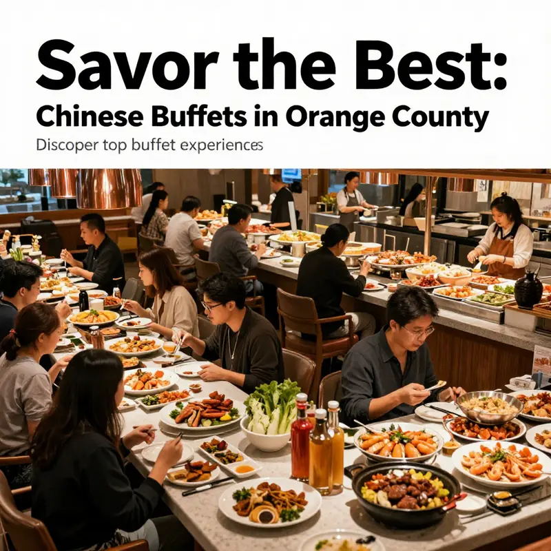 A vibrant scene of a bustling Chinese buffet with diners enjoying a variety of dishes.