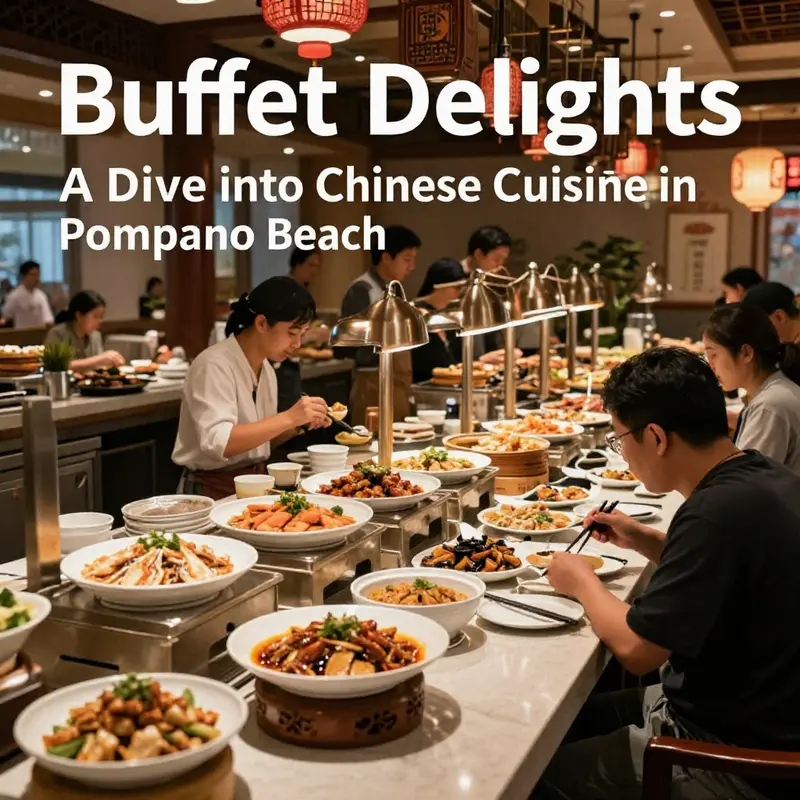 A busy Chinese buffet scene featuring diners enjoying a wide range of dishes, highlighting the vibrant and diverse culinary offerings in Pompano Beach.