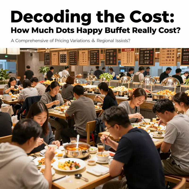 A bustling Happy China Buffet restaurant interior with customers dining and visible price signs reflecting moderate costs.