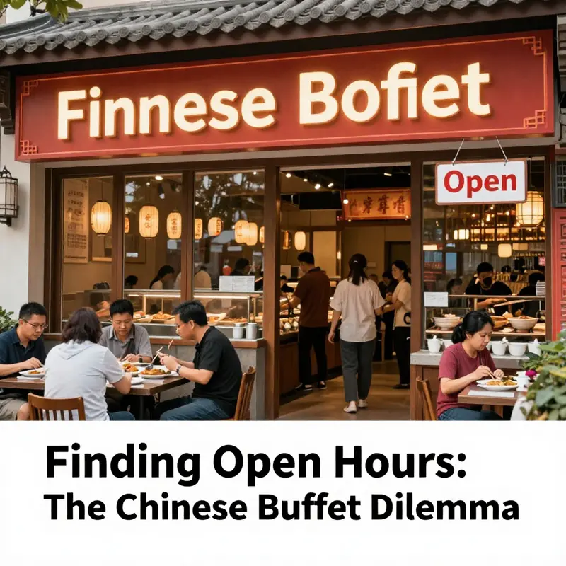 Exterior view of a Chinese Buffet with customers entering and a visible 'Open' sign.
