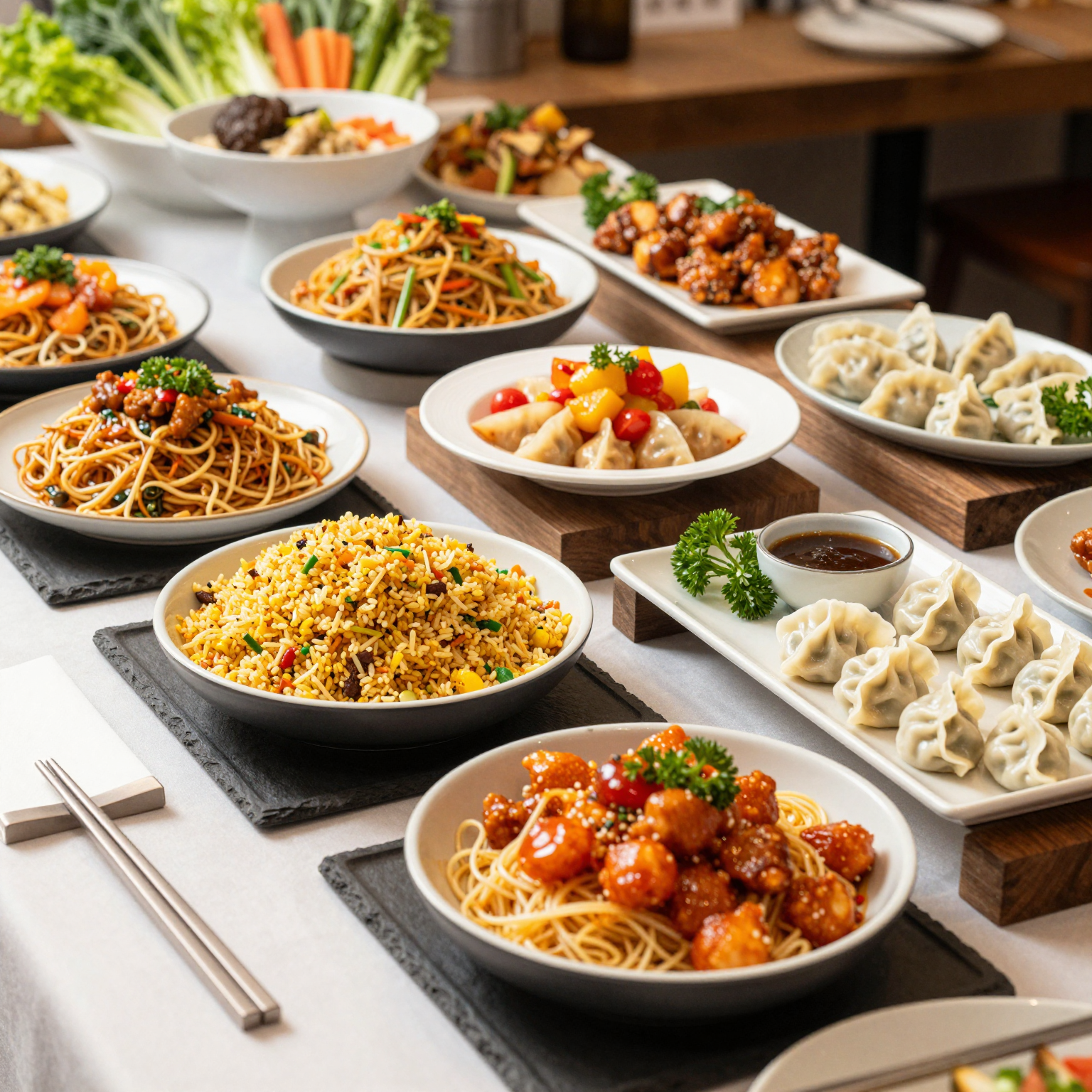 Lavish buffet spread featuring Chinese dishes