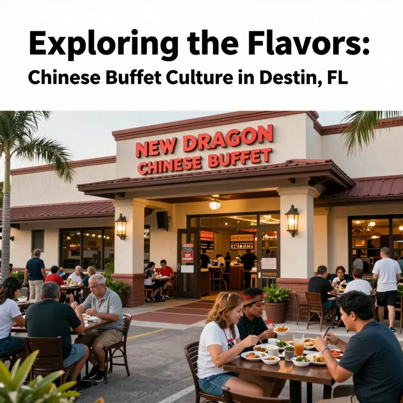 The entrance of New Dragon Chinese Buffet in Destin, Florida, filled with diners enjoying their meals.