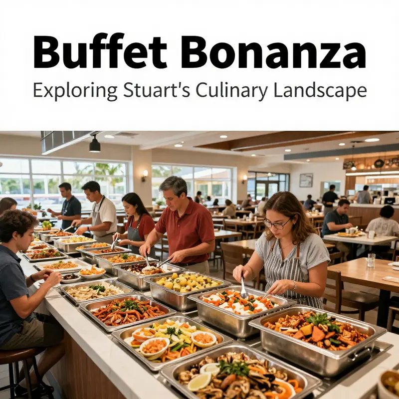 A panoramic view of a busy buffet restaurant in Stuart, Florida, where diners are relishing diverse culinary offerings.