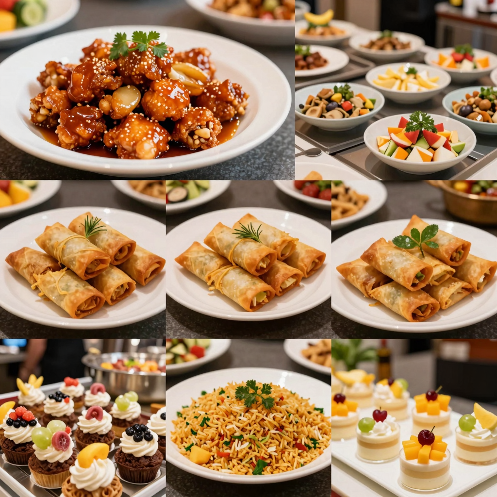 Collage of popular Chinese buffet dishes including General Tso's chicken, spring rolls, and desserts