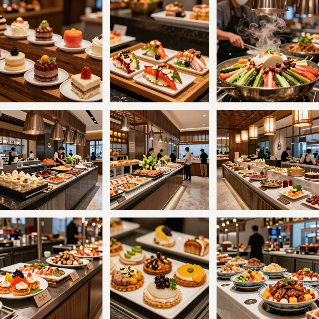 A collage showcasing different styles of Chinese buffets from traditional dining setups to modern buffet layouts.