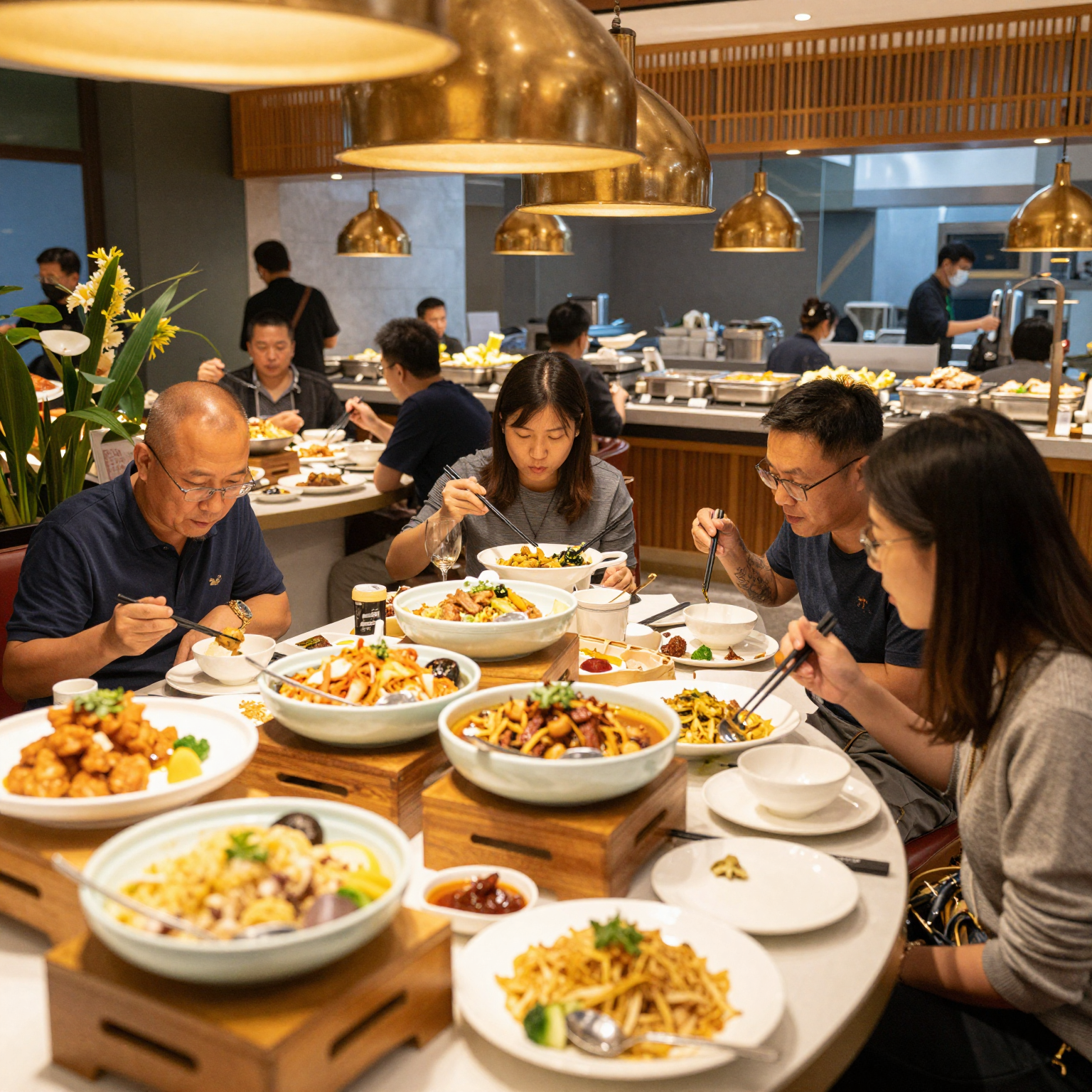 A vibrant interior shot of a busy buffet restaurant