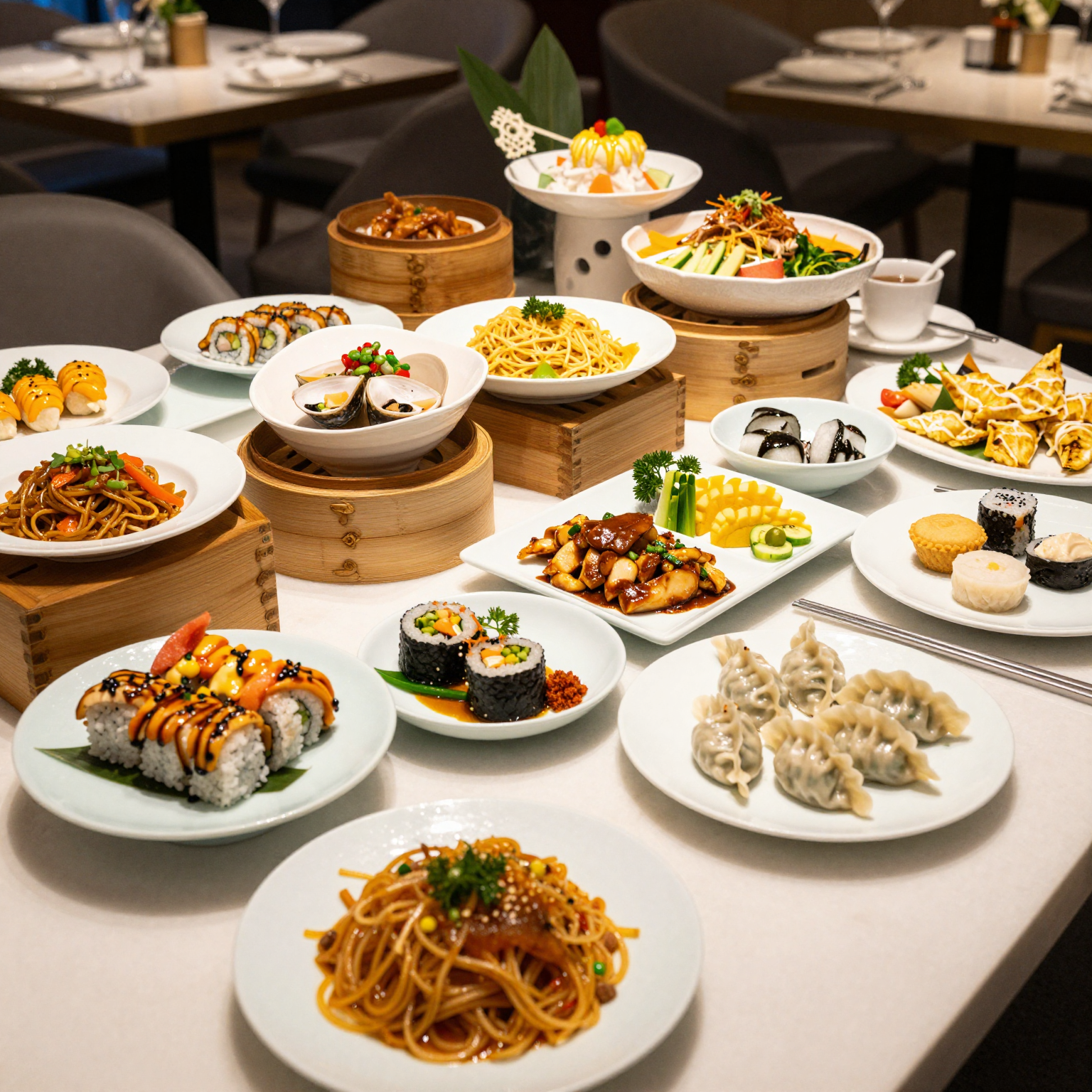 A vibrant buffet table filled with various Chinese dishes