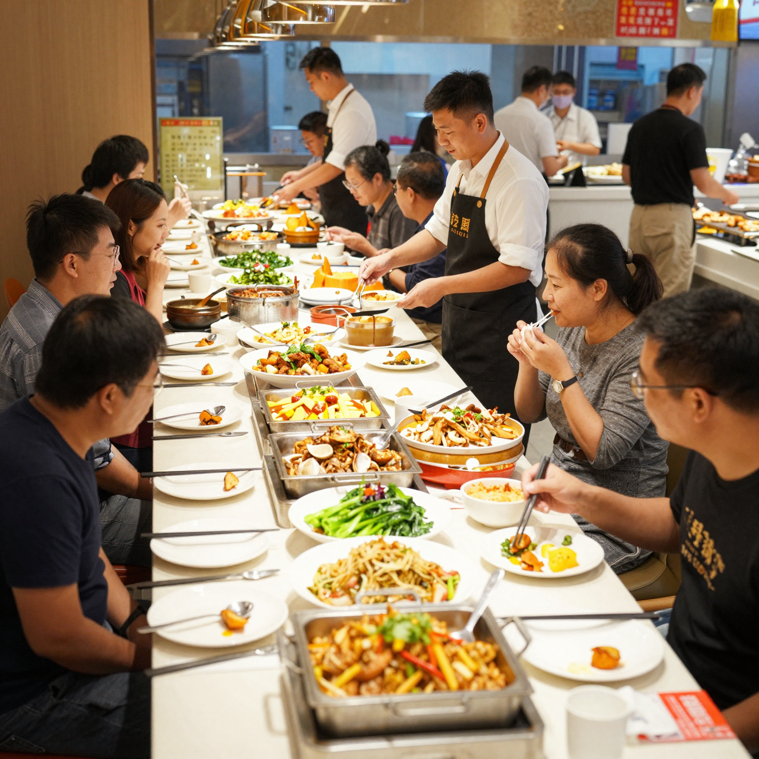 A busy buffet dining scenario