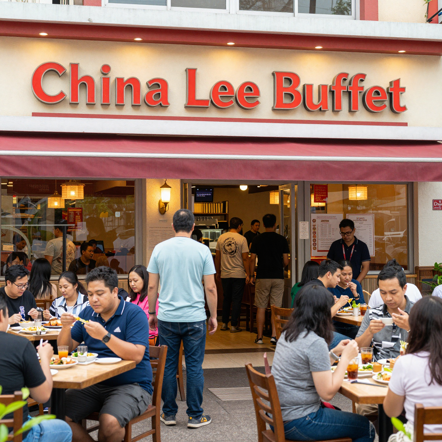 A vibrant scene outside the China Lee Buffet, showcasing foot traffic and the restaurant's signage.