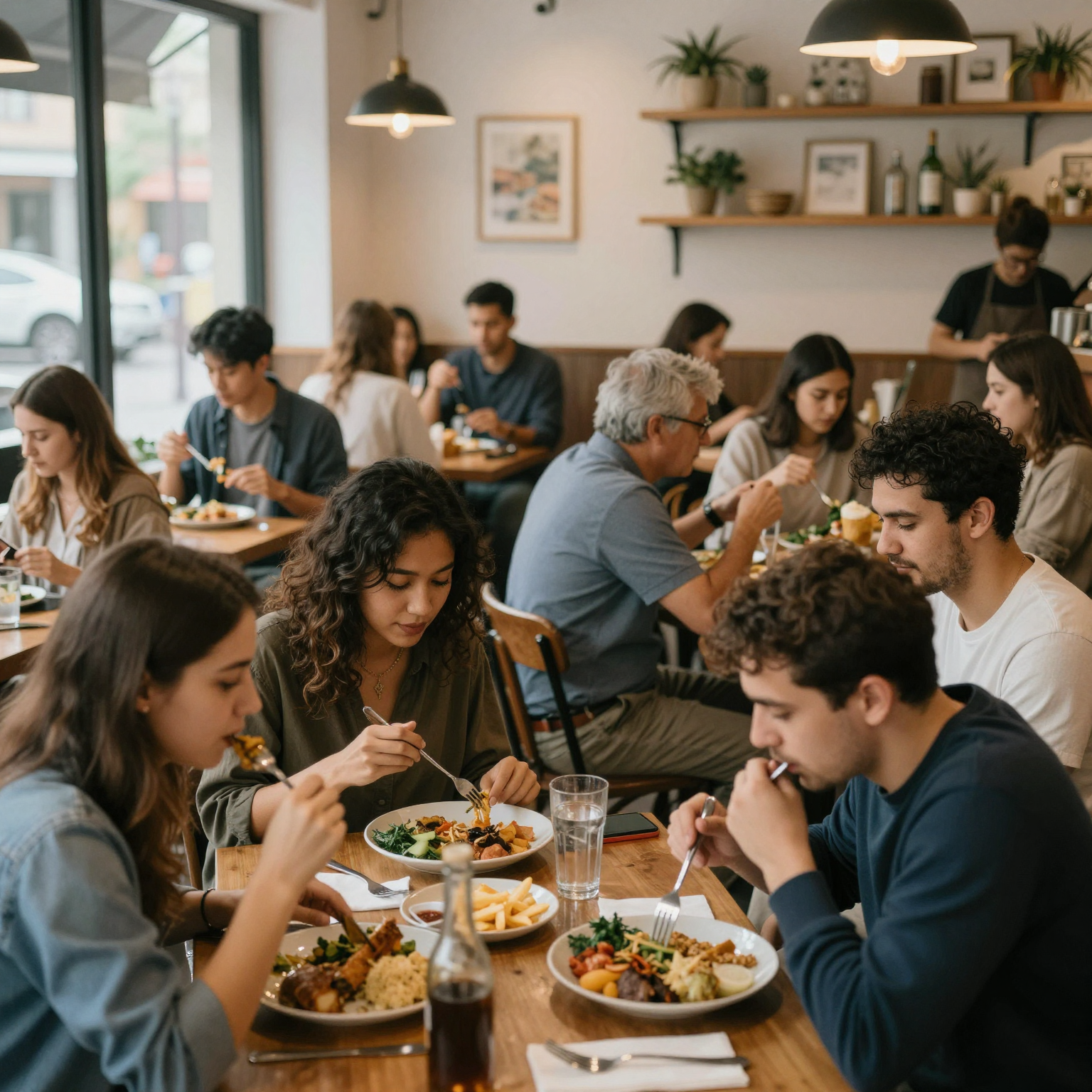A bustling restaurant scene showcasing diverse customers enjoying meals, illustrating the importance of dining establishments in local economies. The setting should convey a warm, welcoming atmosphere.