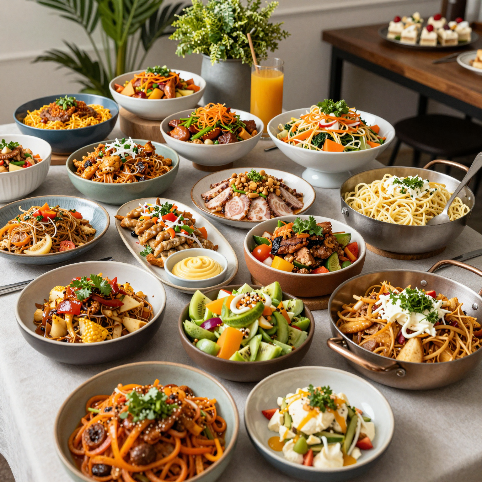 A vibrant buffet spread showcasing a variety of cuisines.