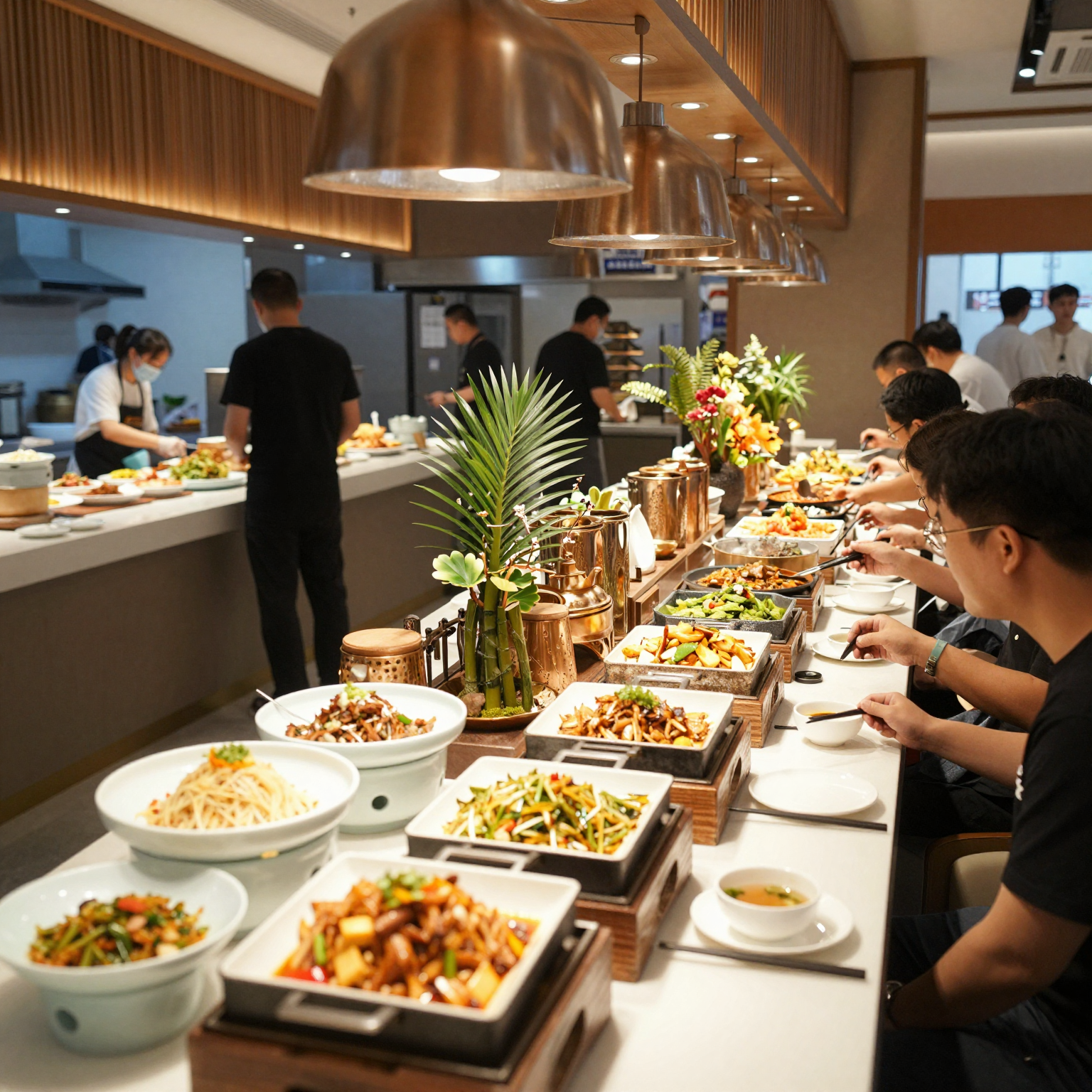 A modern Chinese buffet restaurant interior, showcasing diners enjoying various dishes at different buffet stations, with a vibrant atmosphere.