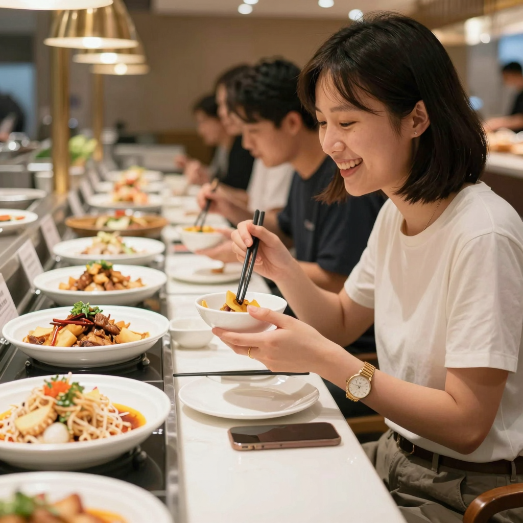 Happy customer enjoying buffet meal