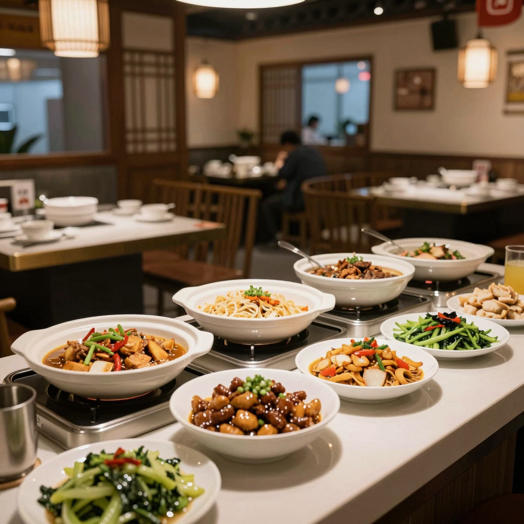 Interior of a typical Chinese buffet restaurant showcasing various dishes