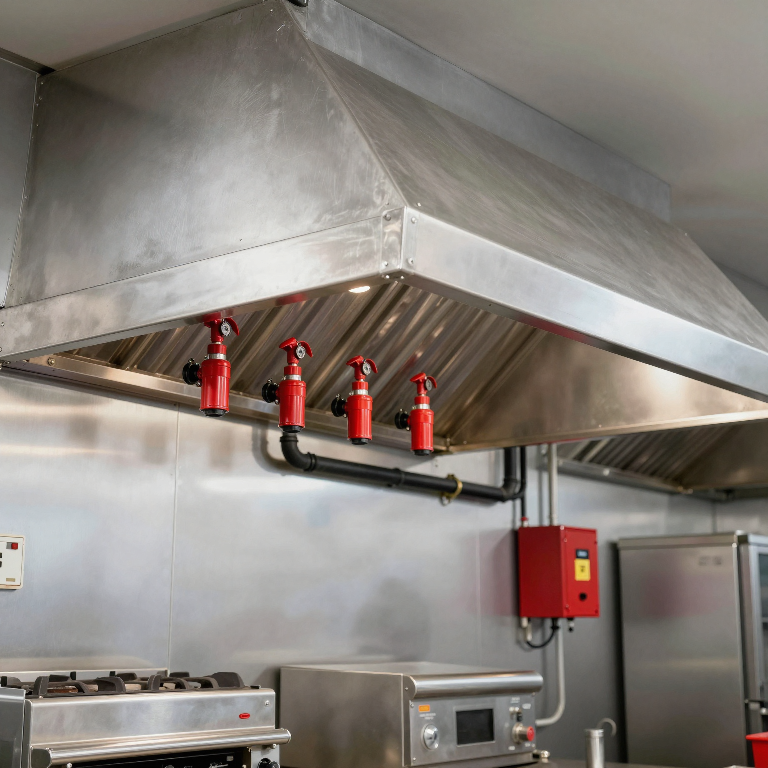 Commercial kitchen hood fire suppression system with nozzles and control panel installed above cooking equipment