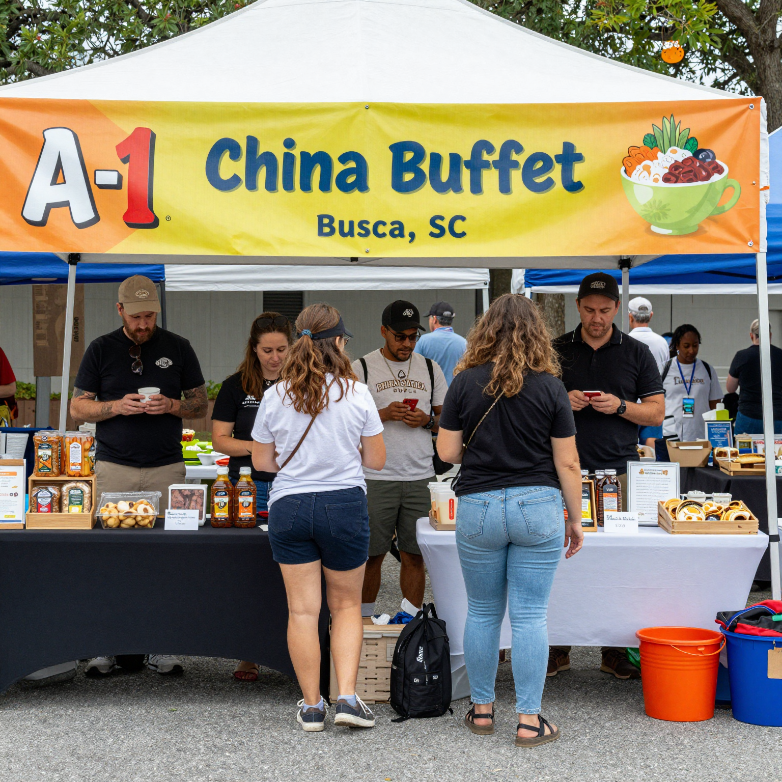 A vibrant scene depicting A-1 China Buffet's collaboration with local businesses in Charleston, SC.
