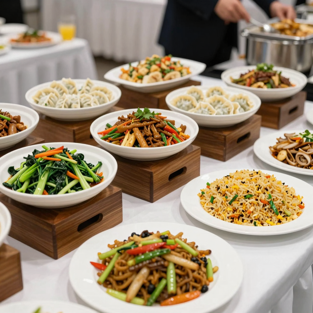 Buffet display with a variety of Chinese food options for catering