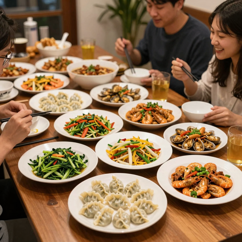 A vibrant buffet spread showcasing various Chinese dishes