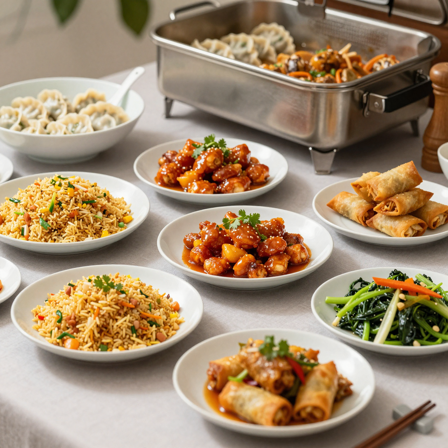 A delicious spread of a Chinese buffet including fried rice, sweet and sour chicken, spring rolls, dumplings, and stir-fried vegetables