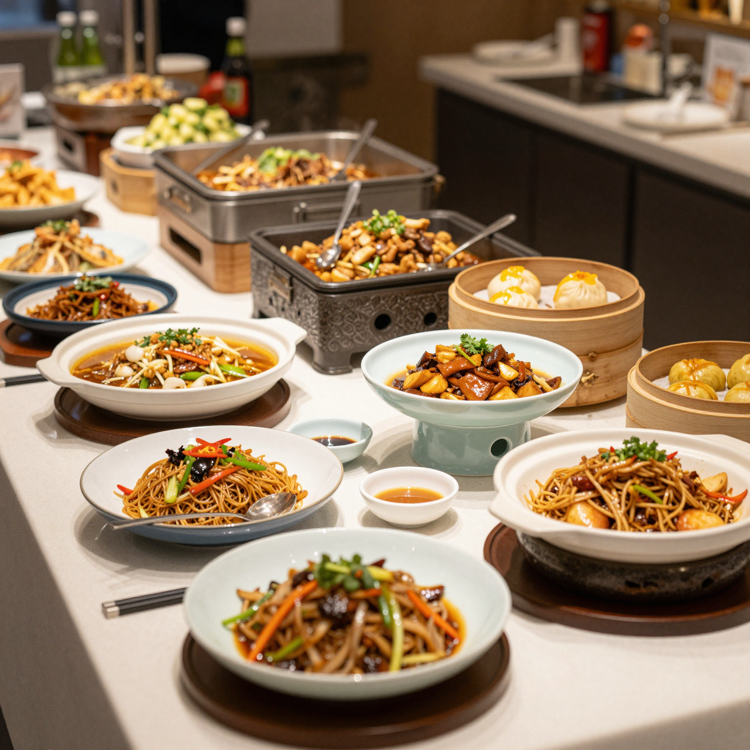 A vibrant Chinese buffet setting featuring diverse selections
