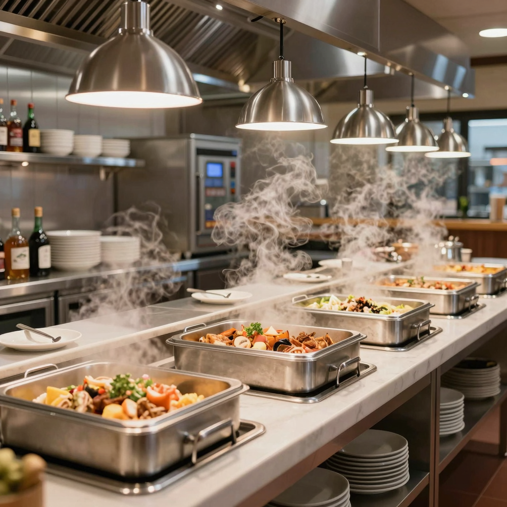 Commercial buffet kitchen with modern steam tables and stainless steel equipment