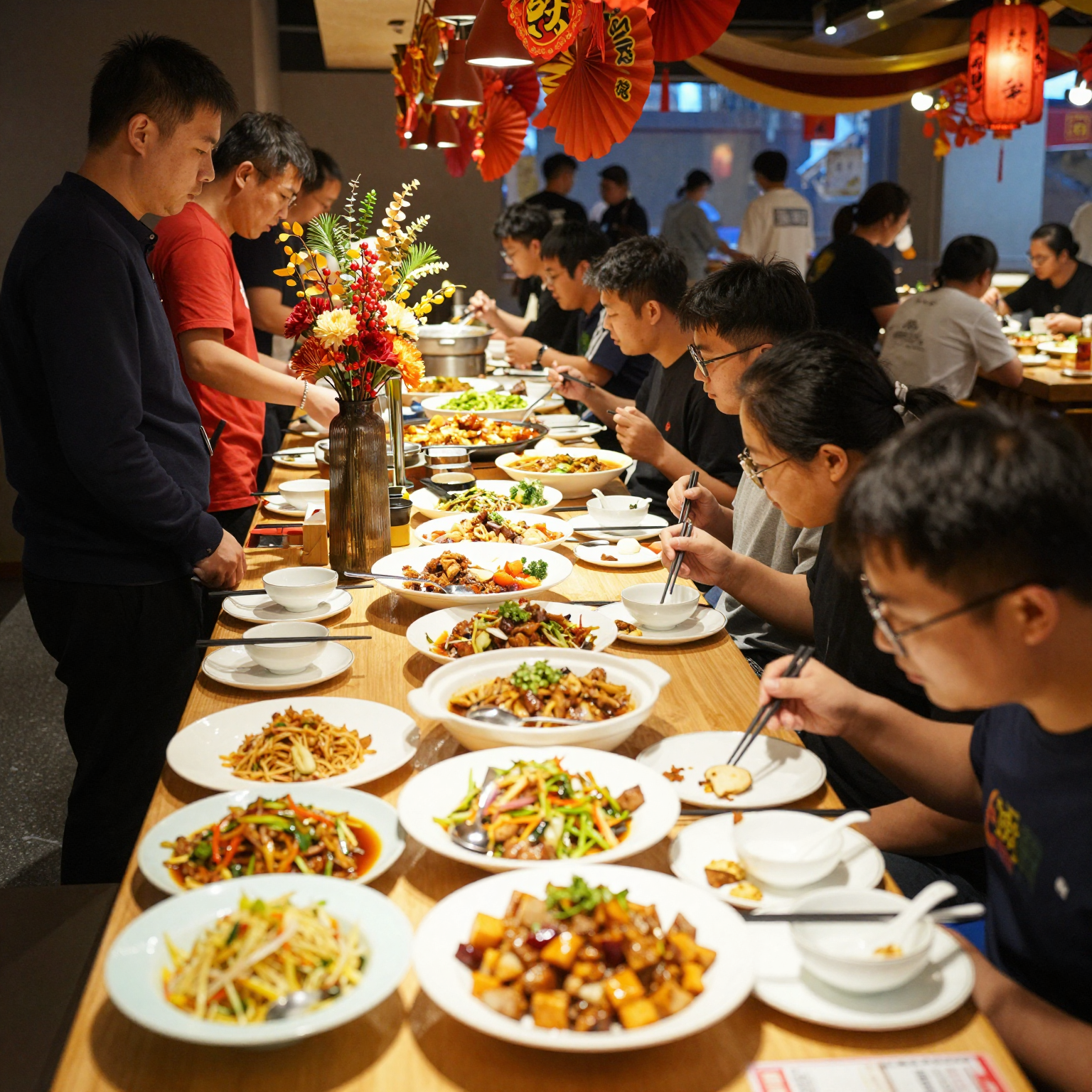 A bustling China buffet scene
