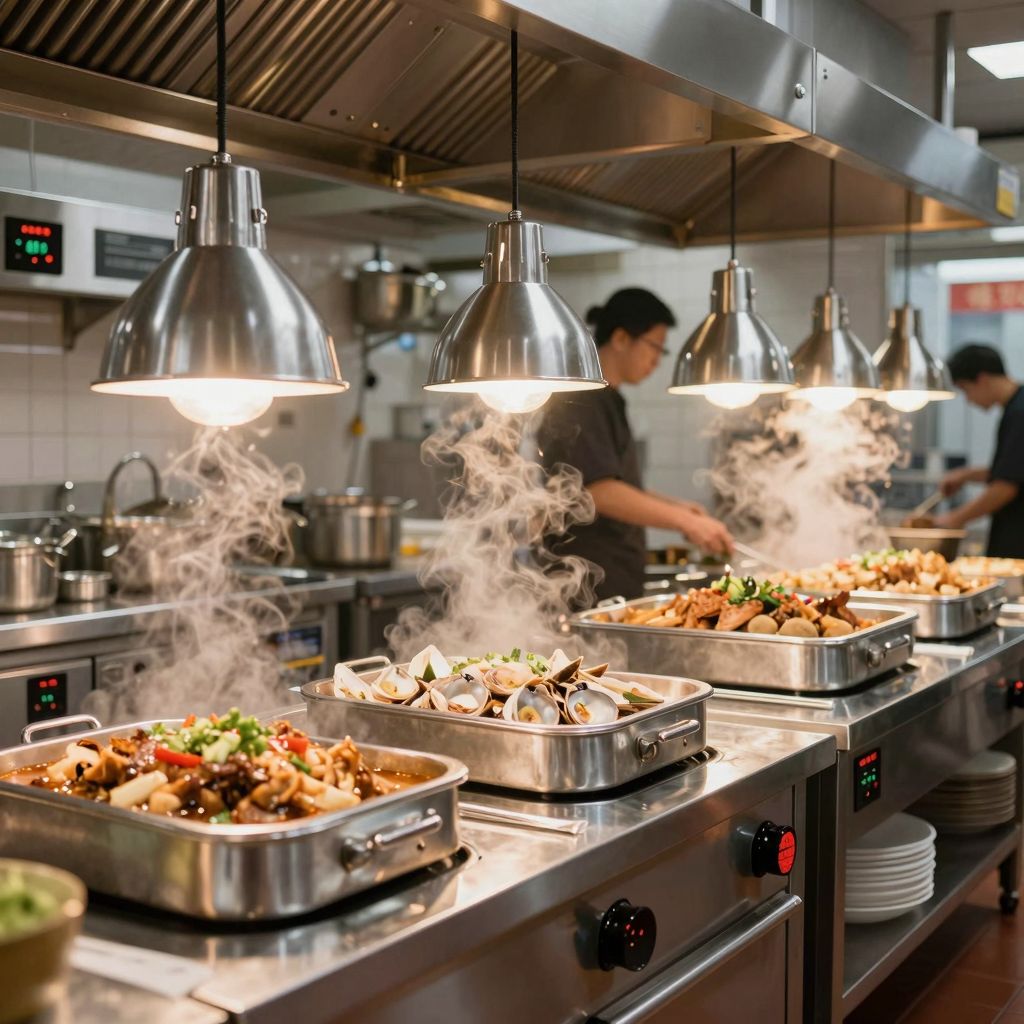 Commercial kitchen in a buffet restaurant showing steam tables, heating lamps, and ventilation hoods