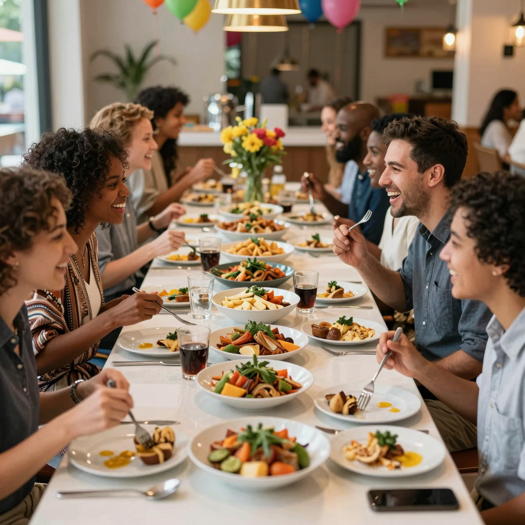 A vibrant group dining scene at a buffet
