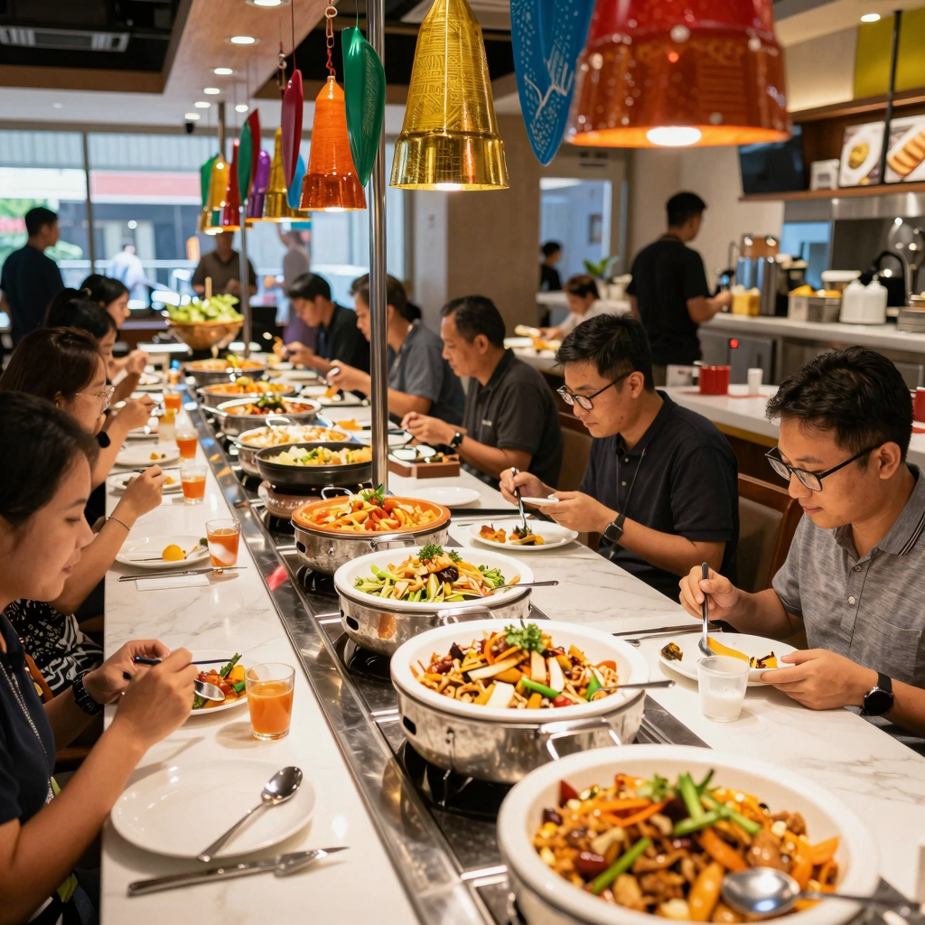 A busy buffet restaurant setting
