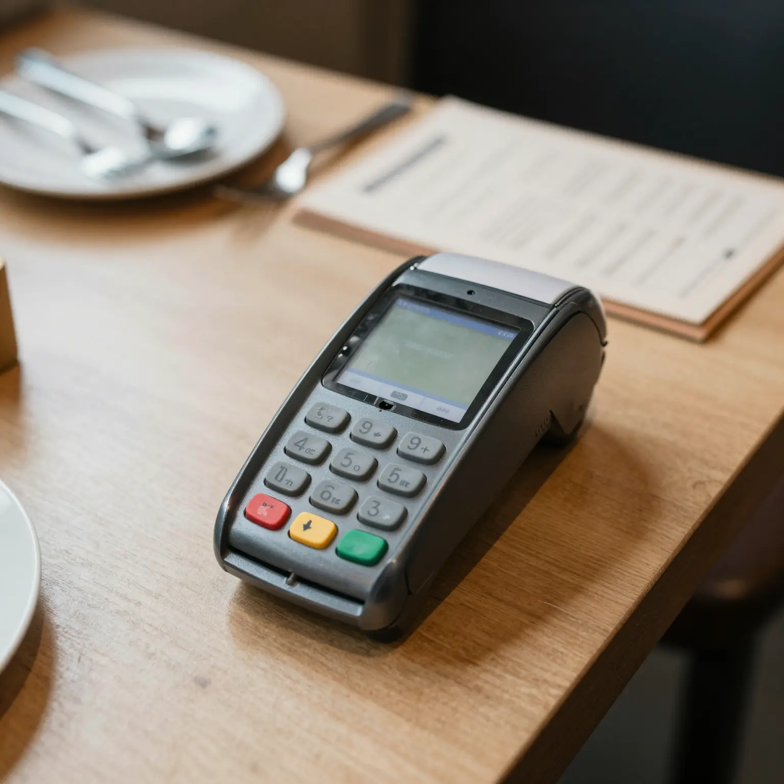 Credit card terminal in a restaurant setting