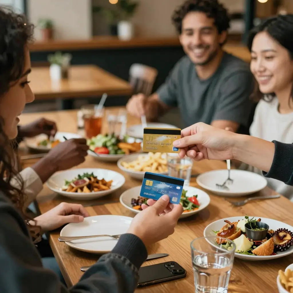 Diverse customers enjoying meals and paying with credit cards
