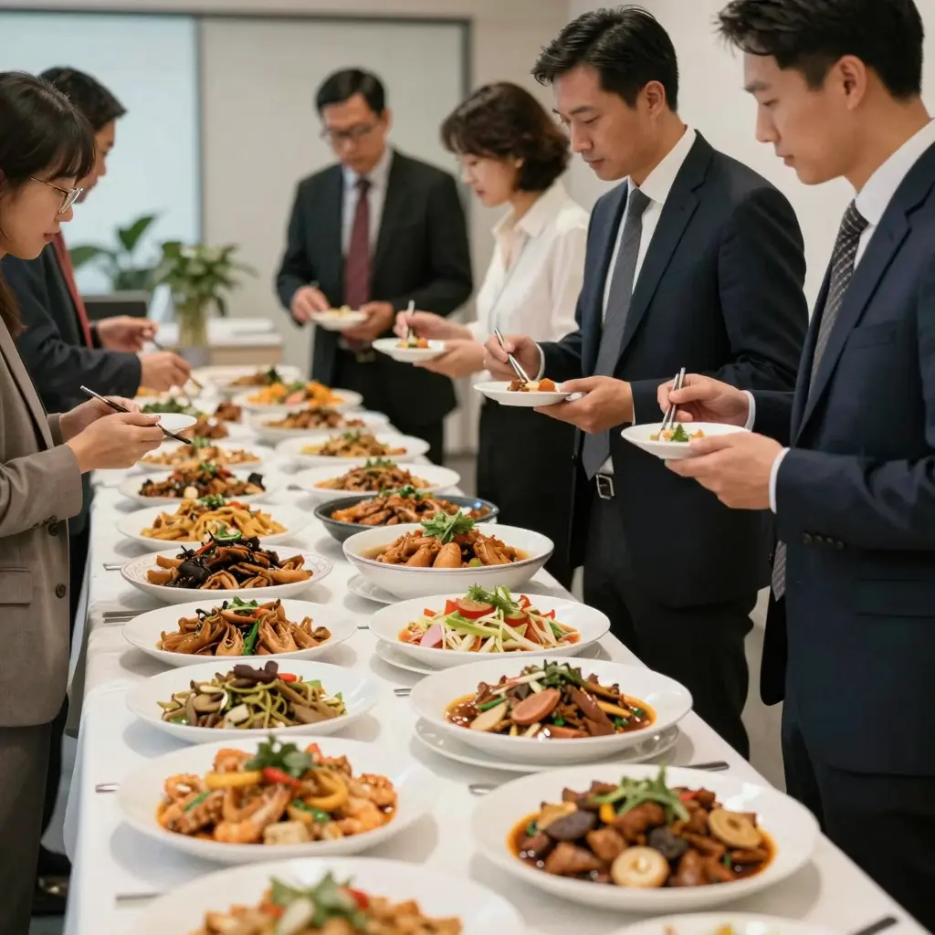 Buffet table at a corporate event with a variety of Chinese dishes